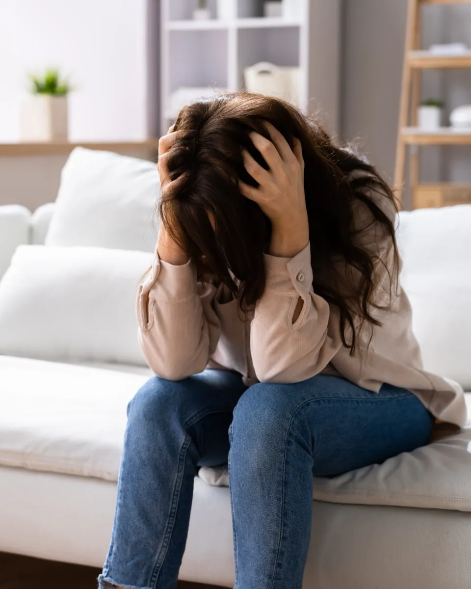A woman sits on a pale sofa with her head in her hands, hair falling forward over her face.